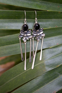 Nocturne Bloom – Handcrafted Black Onyx Floral Dangle Earrings, AE- 7589