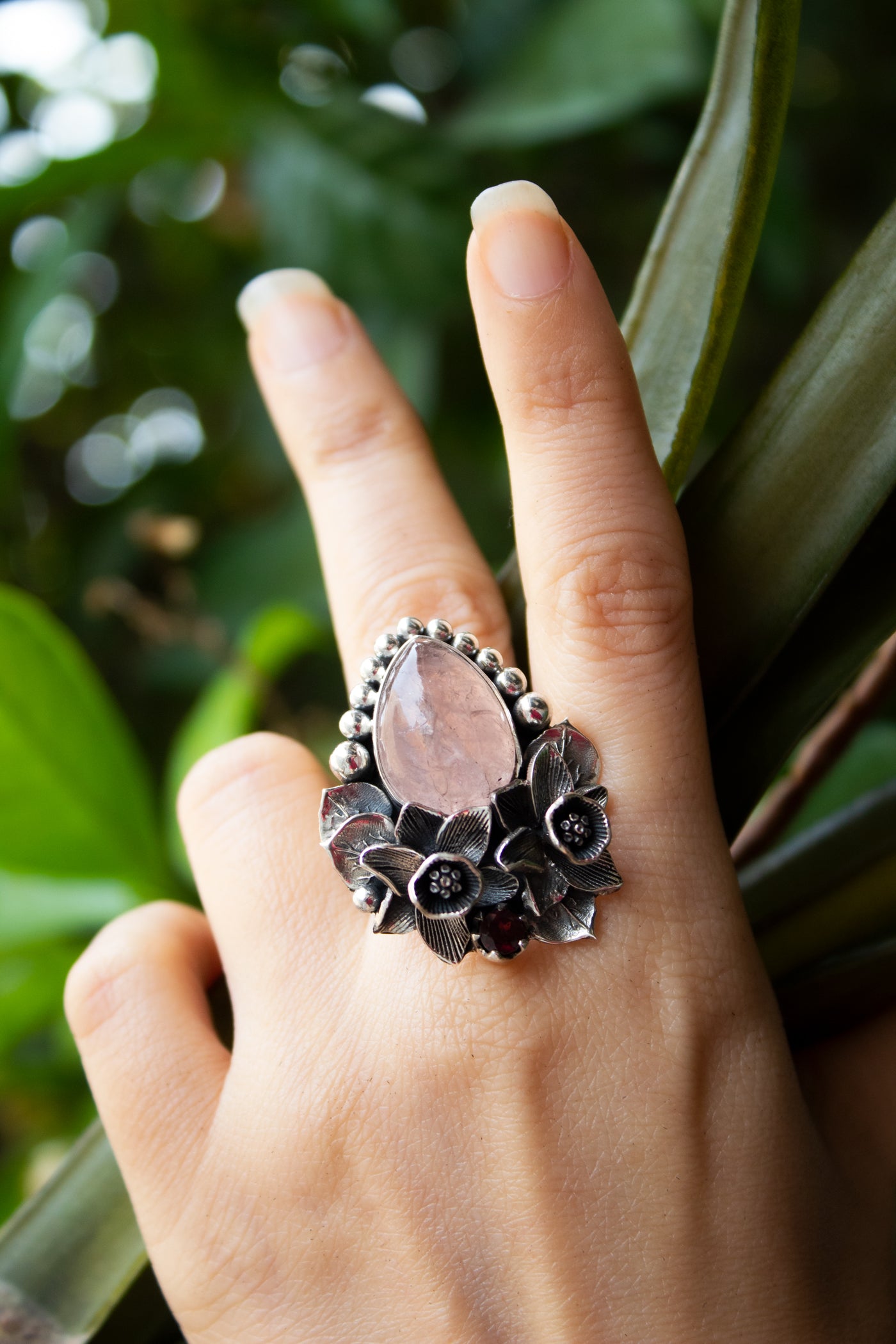 Petals of Dawn — Morganite & Garnet Floral Ring, AR- 7481