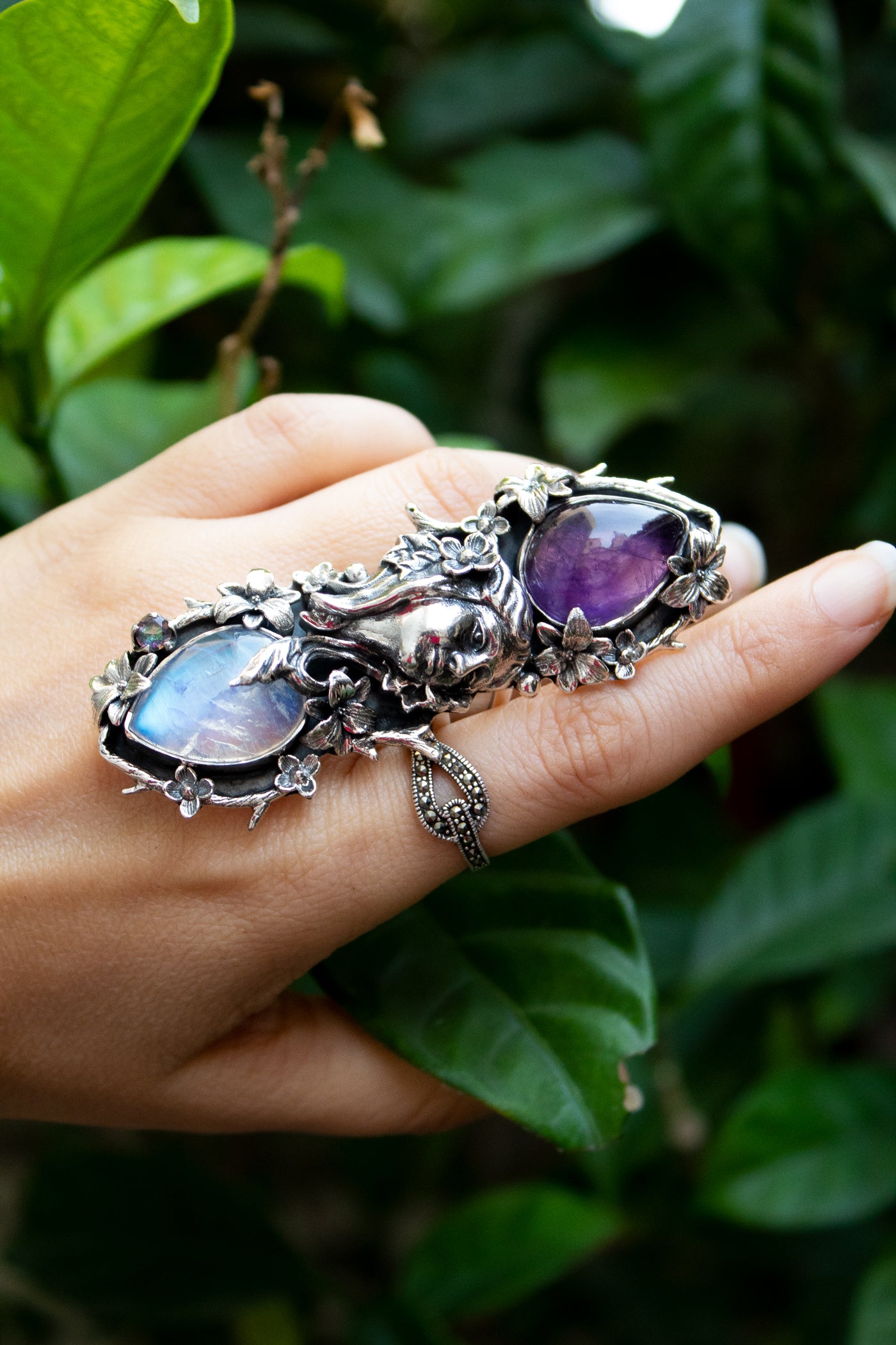 Moonlit Muse — Amethyst & Moonstone Goddess Ring, AR- 7482
