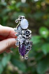 Twilight Vine: Moonstone & Amethyst Ring, AR- 7499