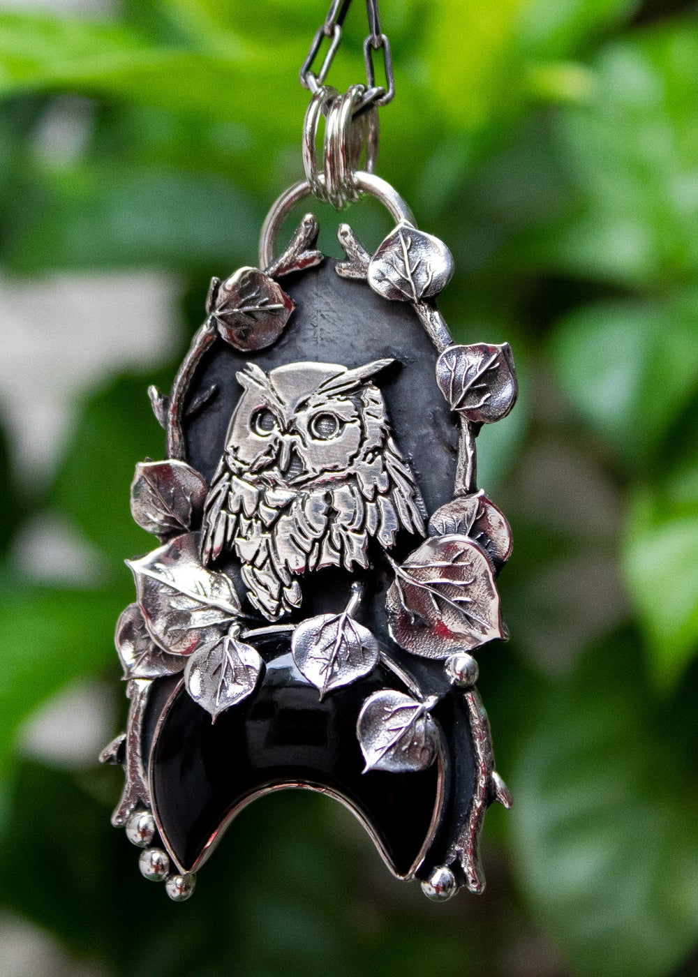 Half Moon Black Onyx Owl Pendant, AP-7097