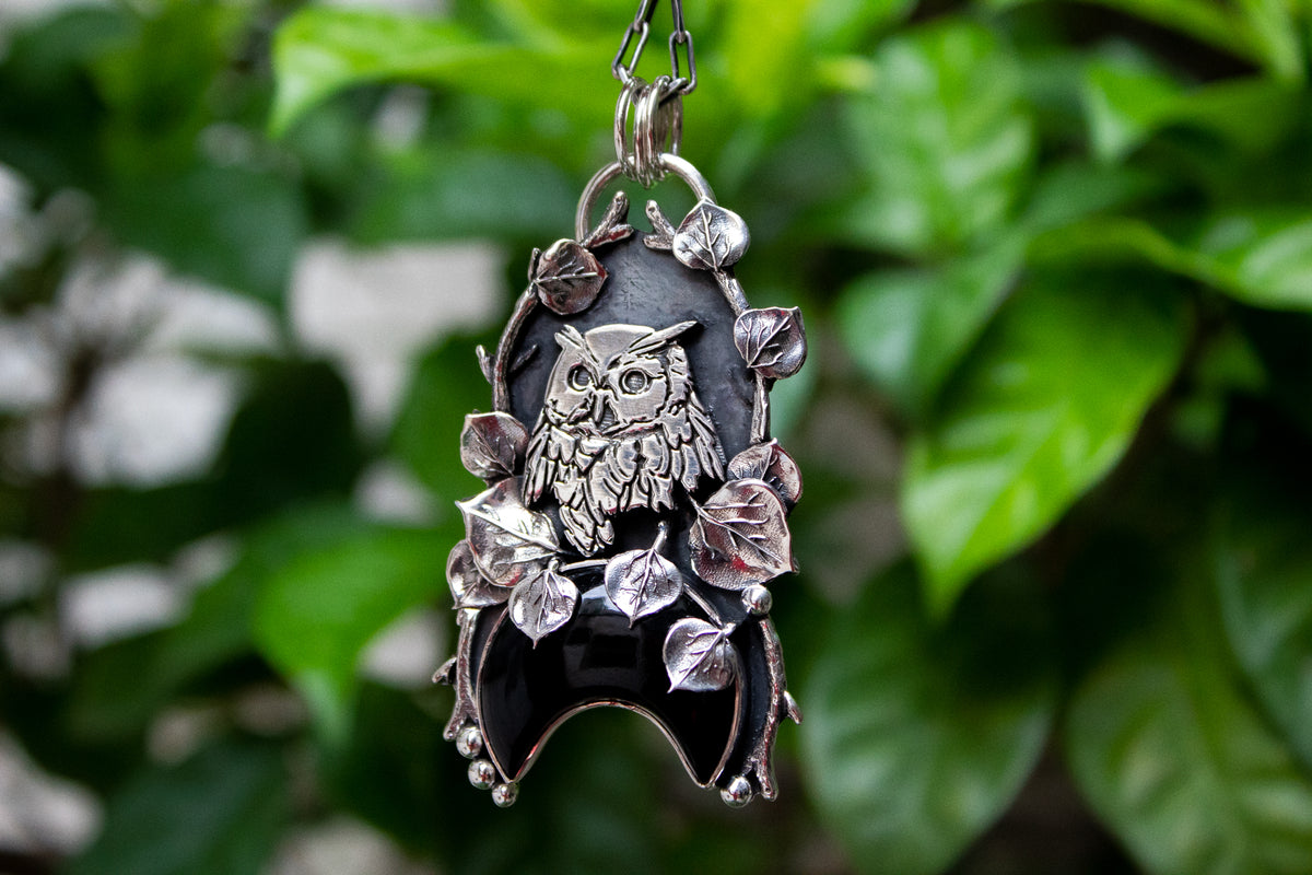 Half Moon Black Onyx Owl Pendant, AP-7097