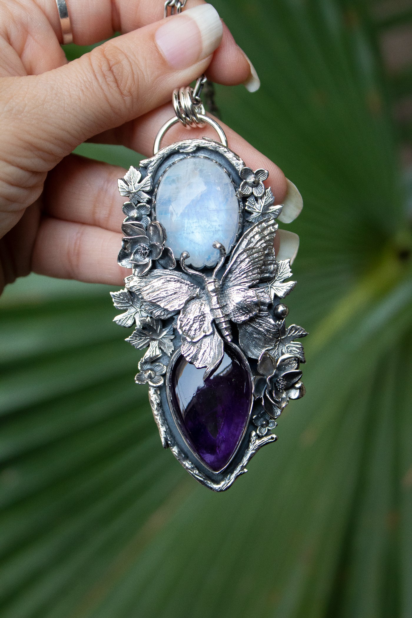 Wings of the Veil: Moonstone & Amethyst Pendant, AR-7507