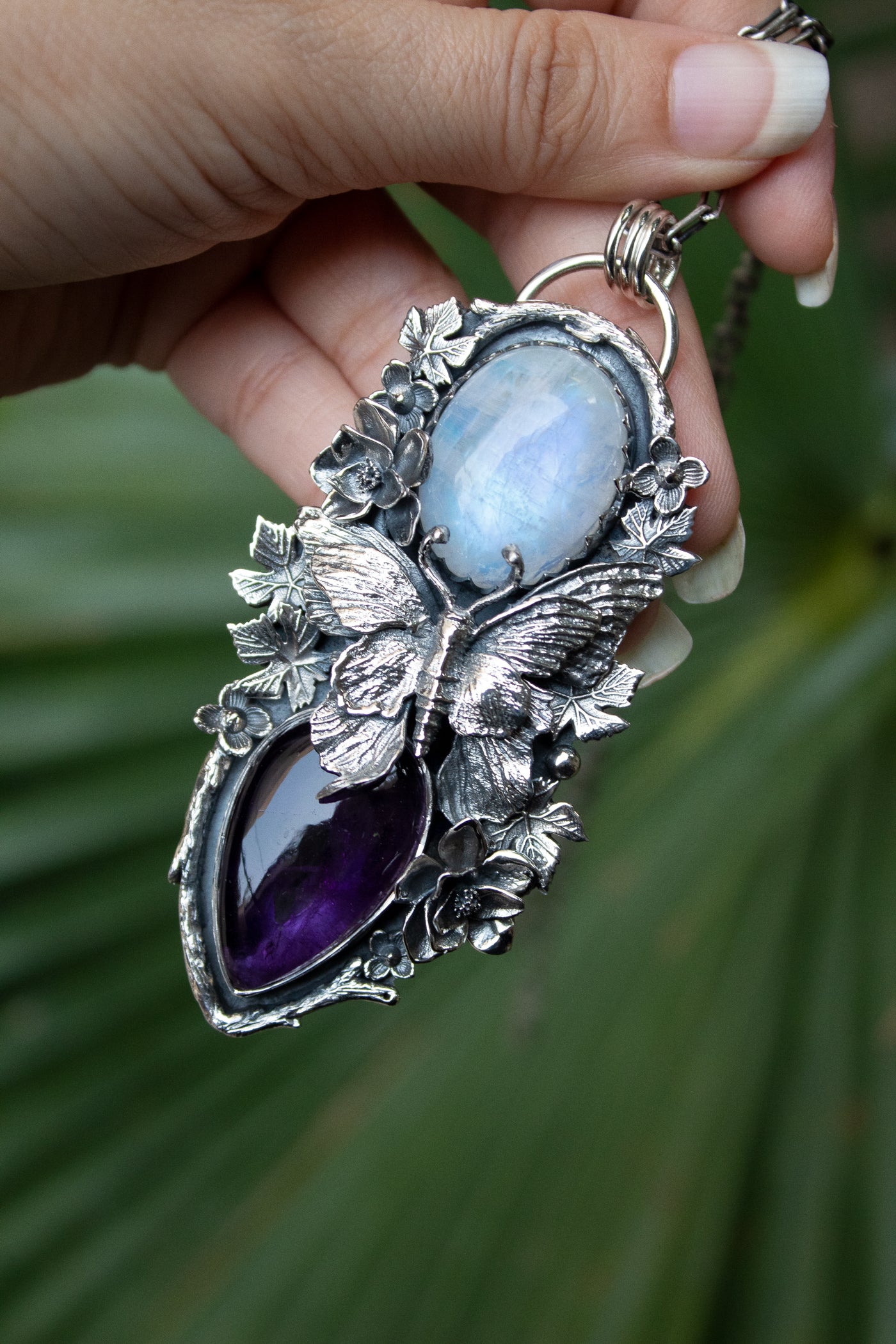 Wings of the Veil: Moonstone & Amethyst Pendant, AR-7507