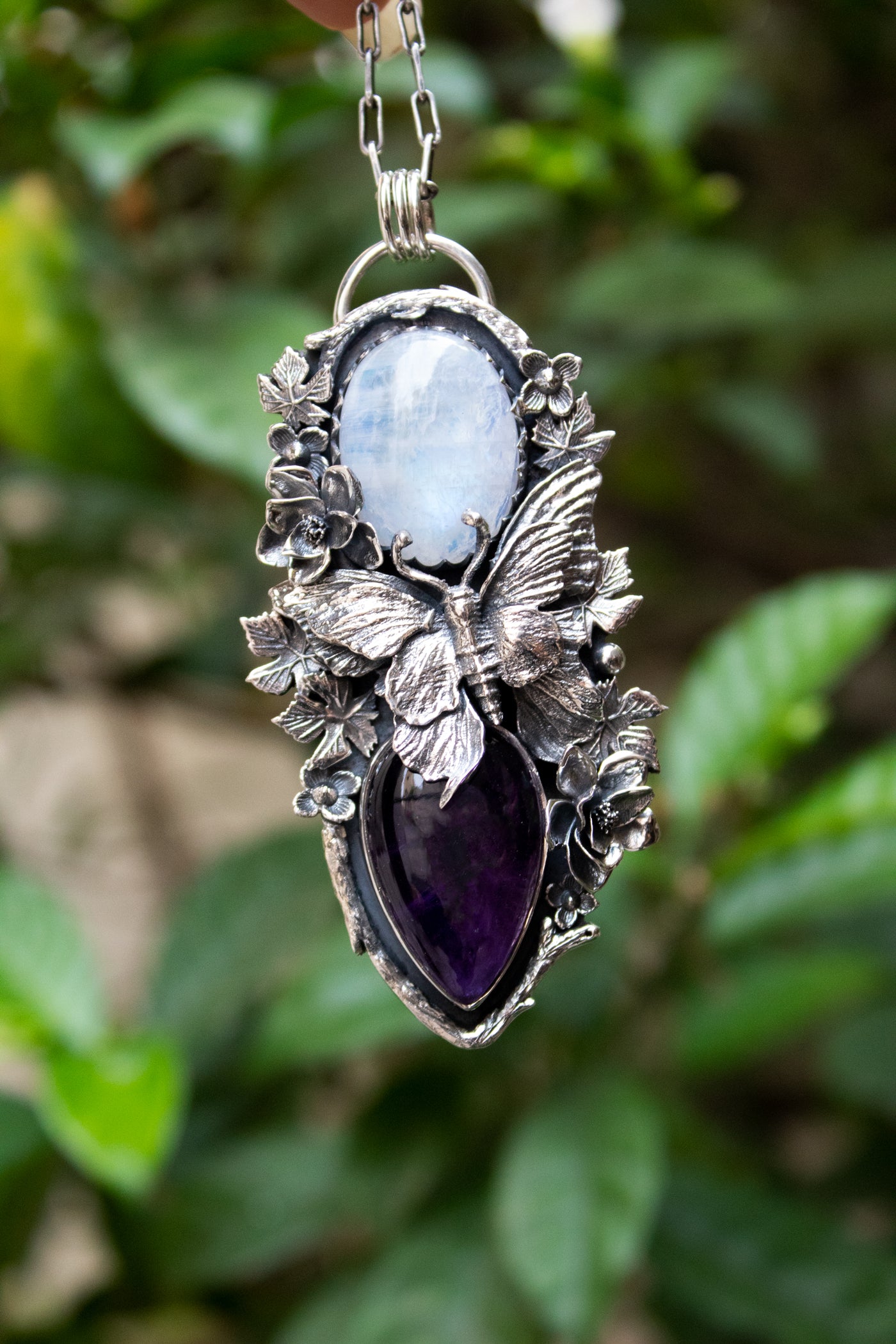 Wings of the Veil: Moonstone & Amethyst Pendant, AR-7507