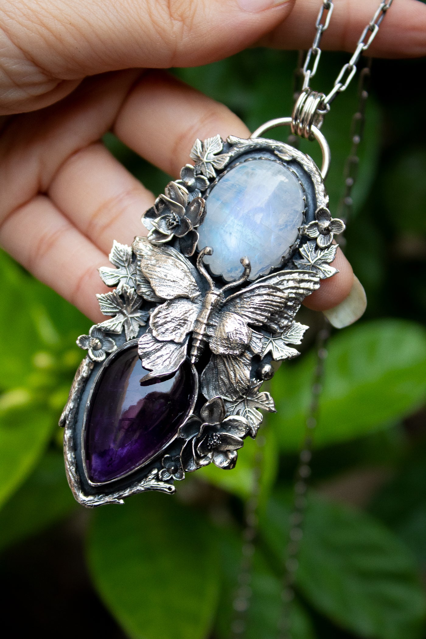 Wings of the Veil: Moonstone & Amethyst Pendant, AR-7507