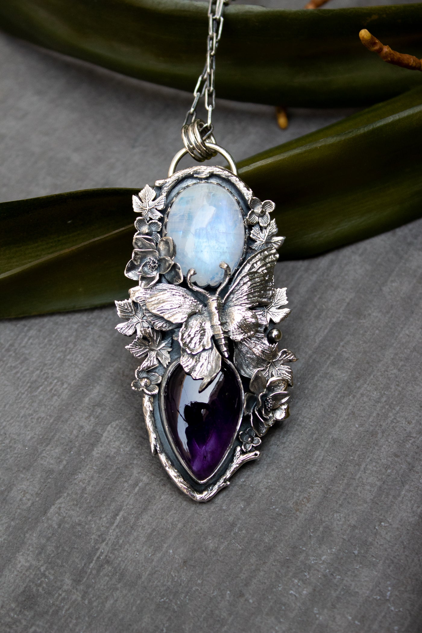 Wings of the Veil: Moonstone & Amethyst Pendant, AR-7507