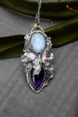 Wings of the Veil: Moonstone & Amethyst Pendant, AR-7507