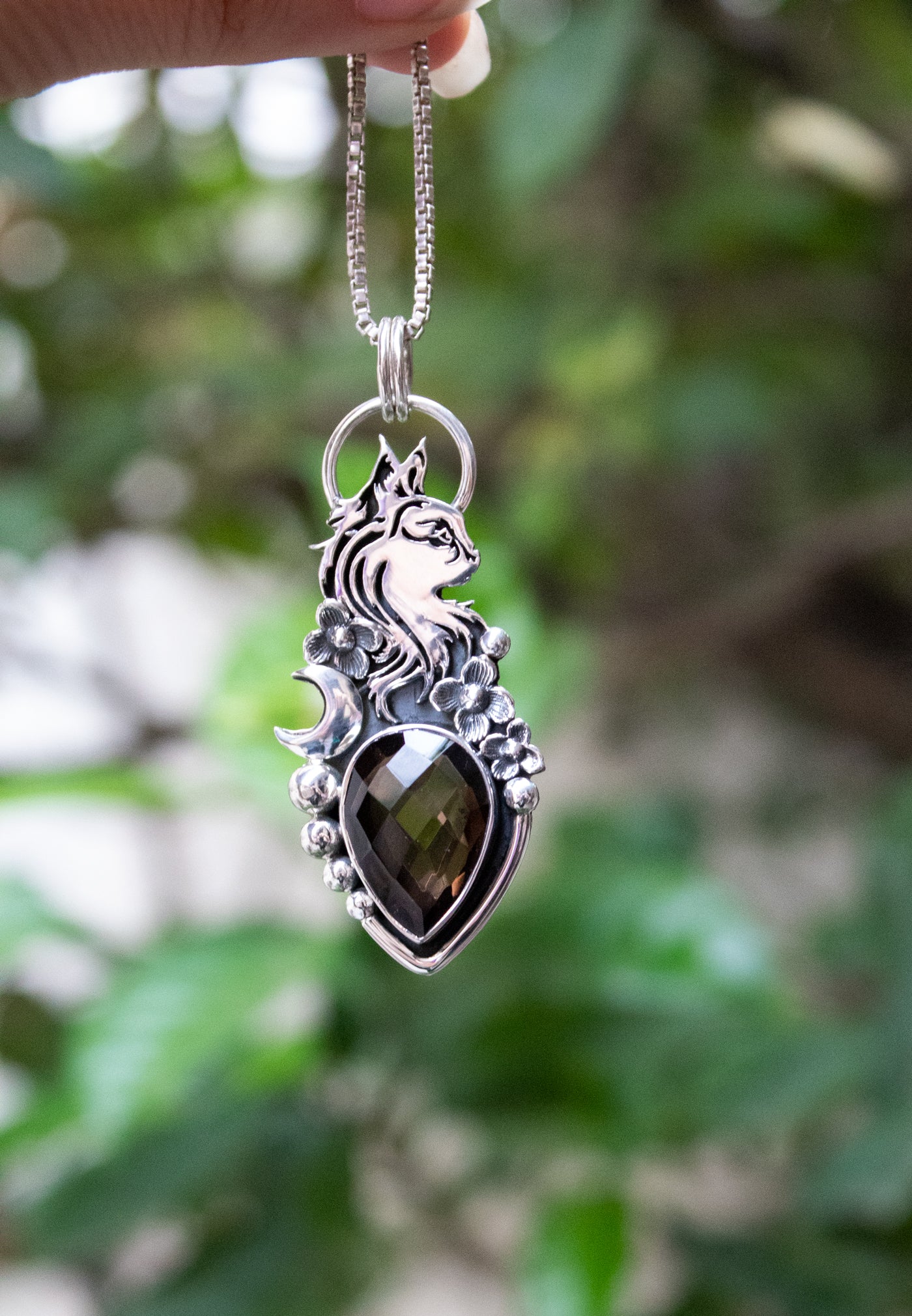 Duskmire Sentinel: Smokey Quartz Cat Pendant, AP-7518