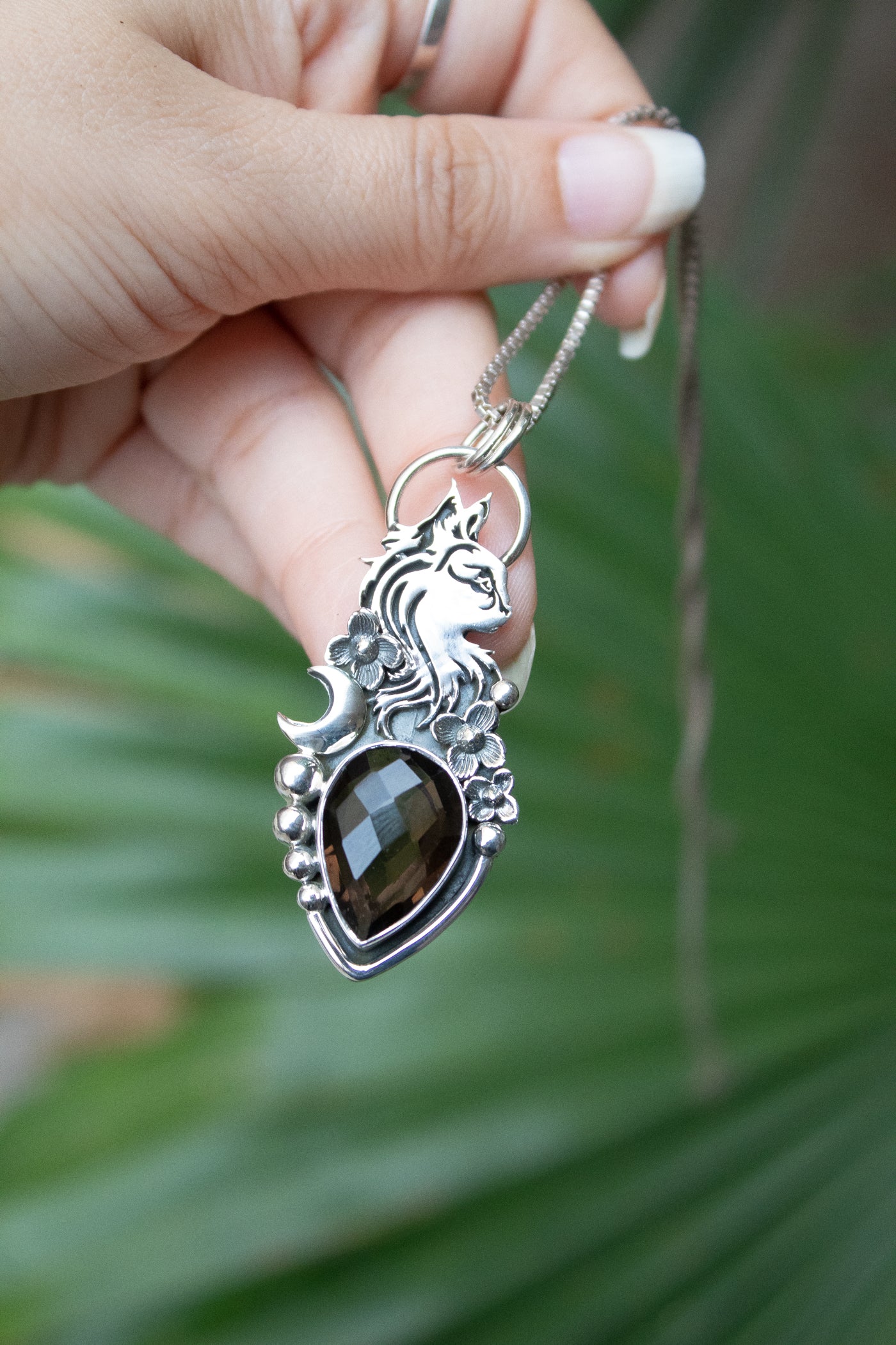 Duskmire Sentinel: Smokey Quartz Cat Pendant, AP-7518