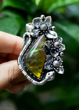 Ethereal Flora: Artisanal Ammolite Sterling Silver Ring, AR-7106