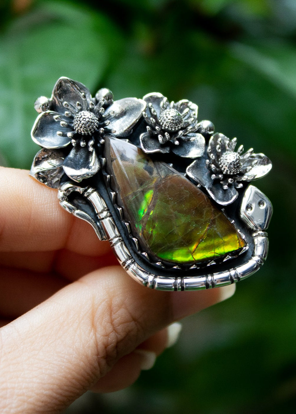 Ethereal Flora: Artisanal Ammolite Sterling Silver Ring, AR-7106