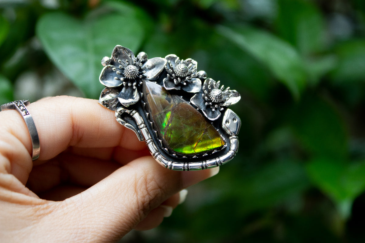 Ethereal Flora: Artisanal Ammolite Sterling Silver Ring, AR-7106