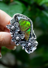 Ethereal Flora: Artisanal Ammolite Sterling Silver Ring, AR-7106