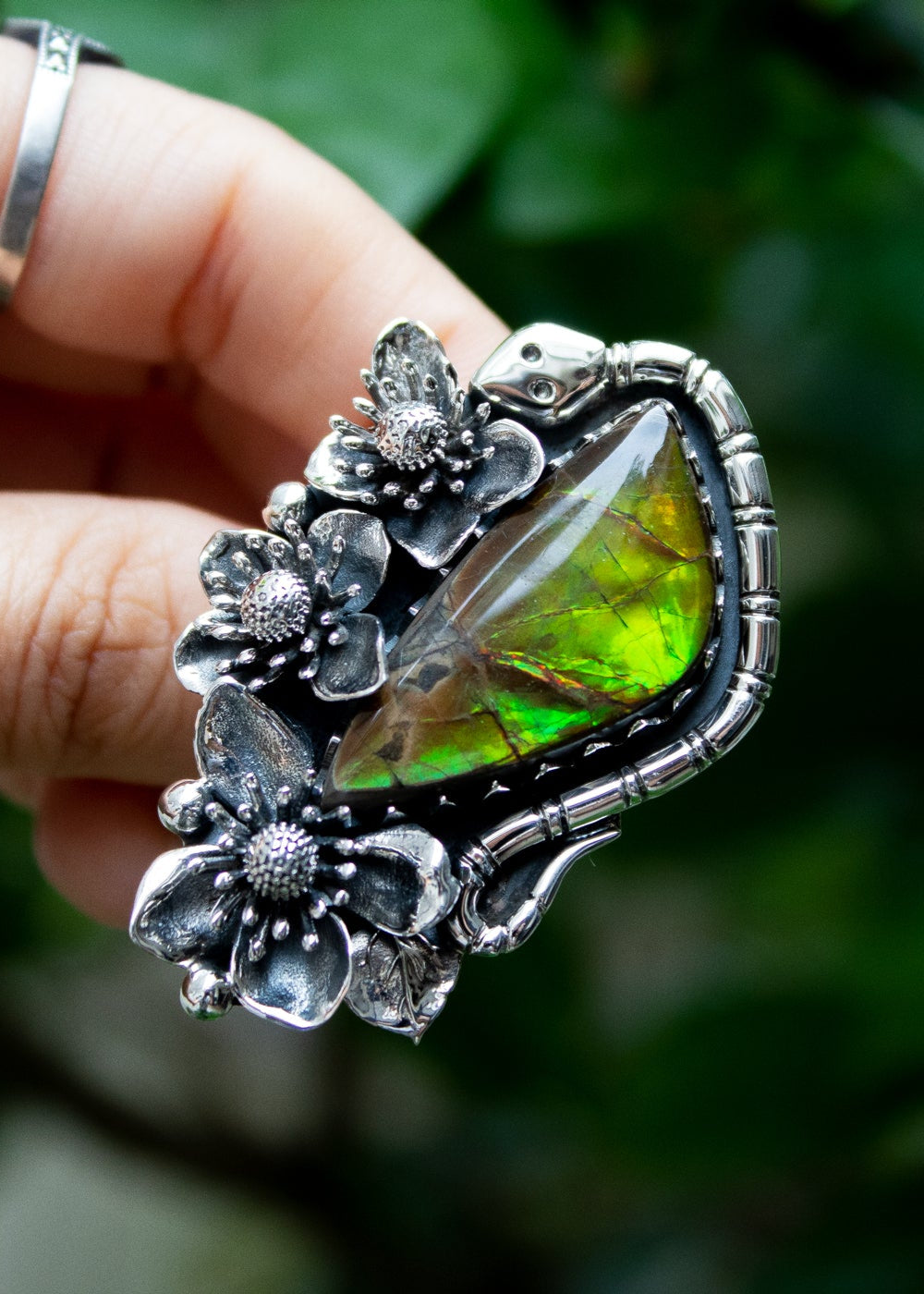 Ethereal Flora: Artisanal Ammolite Sterling Silver Ring, AR-7106