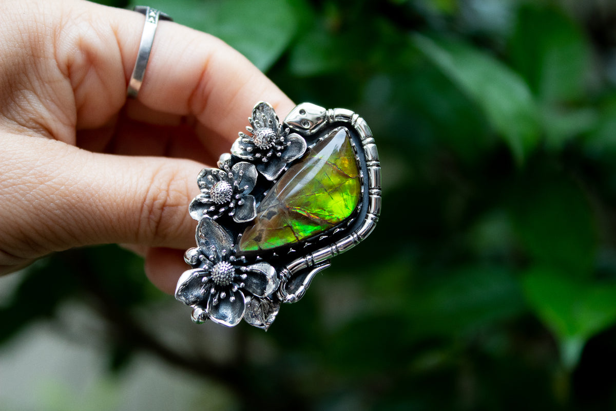 Ethereal Flora: Artisanal Ammolite Sterling Silver Ring, AR-7106