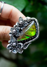 Ethereal Flora: Artisanal Ammolite Sterling Silver Ring, AR-7106