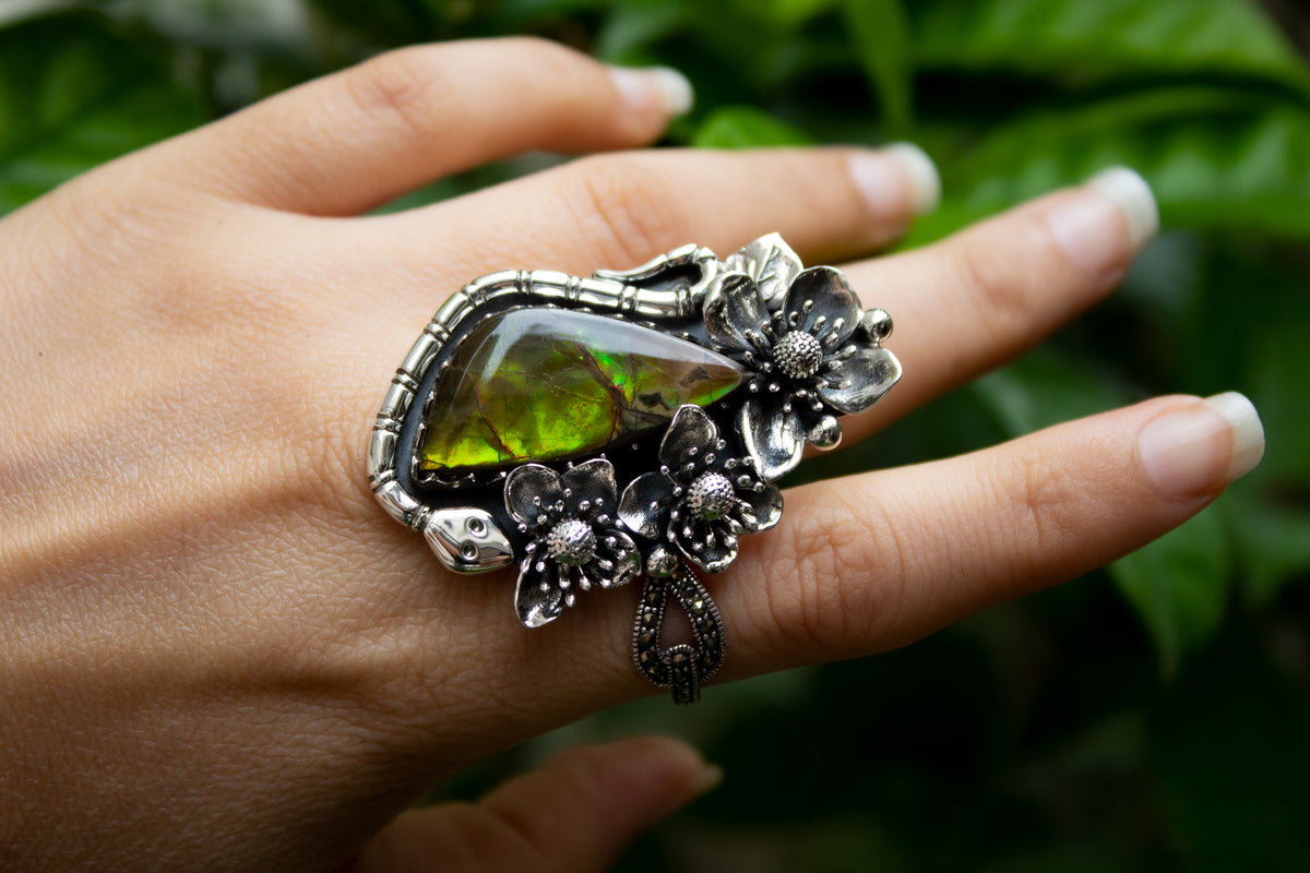 Ethereal Flora: Artisanal Ammolite Sterling Silver Ring, AR-7106