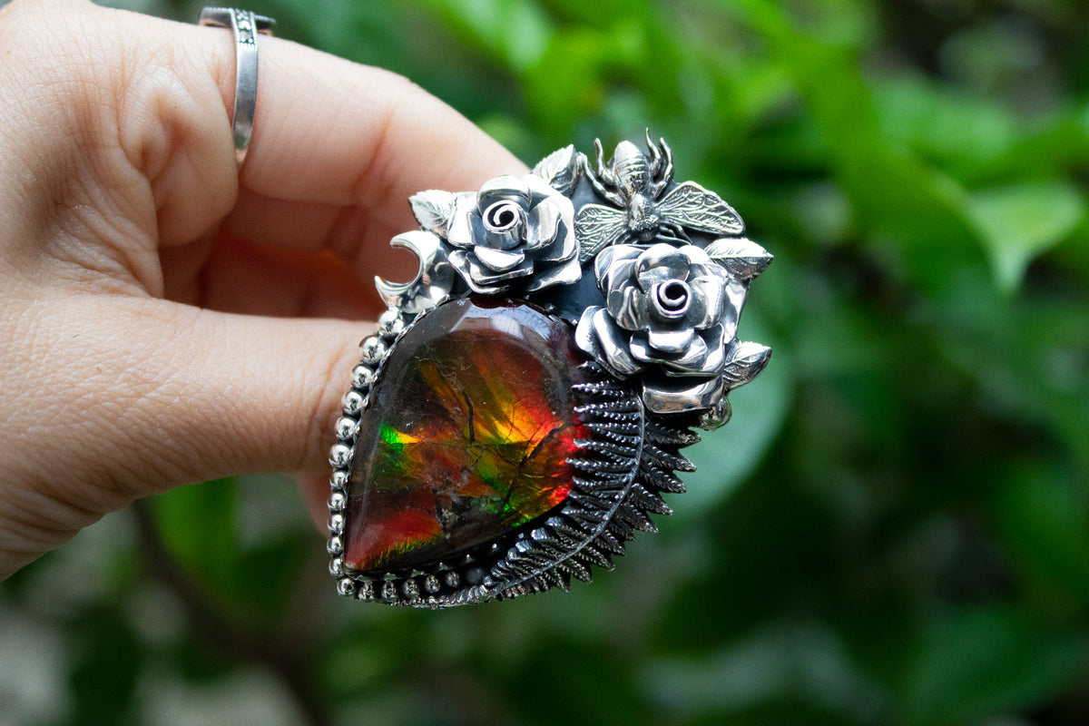 Ethereal Flora: Artisanal Ammolite Sterling Silver Ring, AR-7120