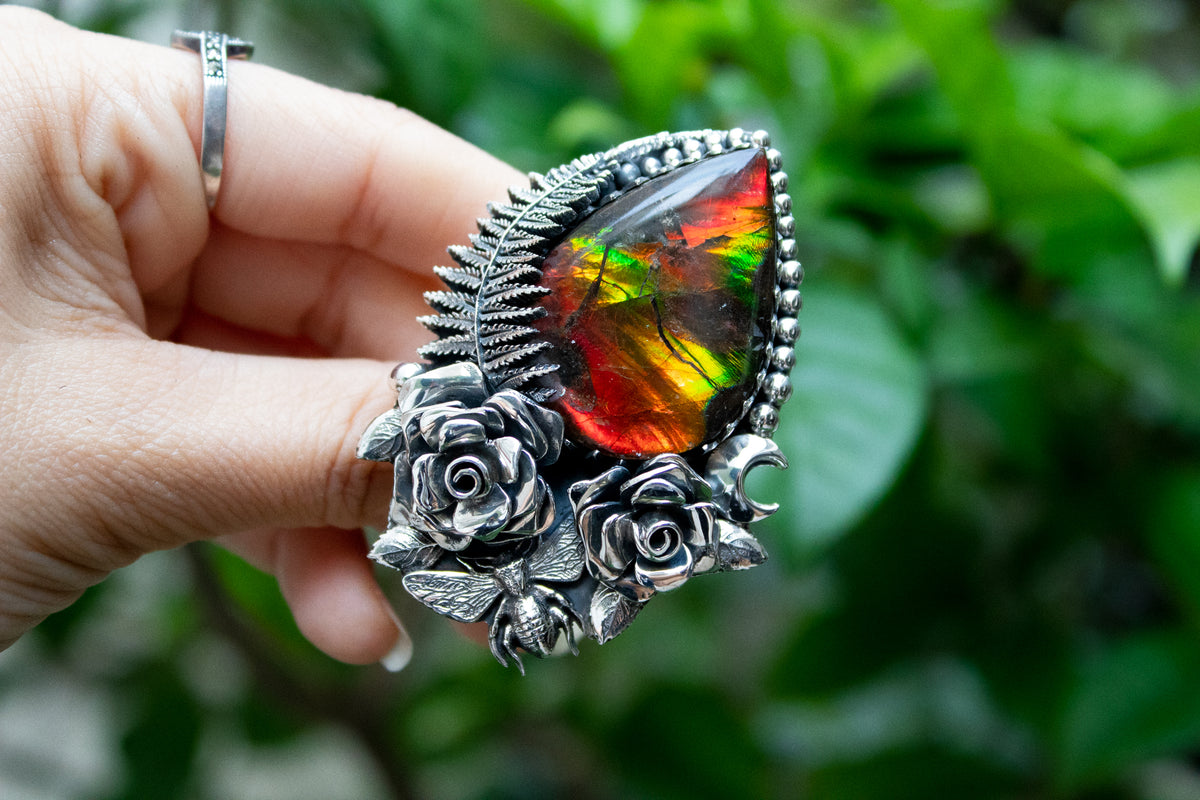 Ethereal Flora: Artisanal Ammolite Sterling Silver Ring, AR-7120