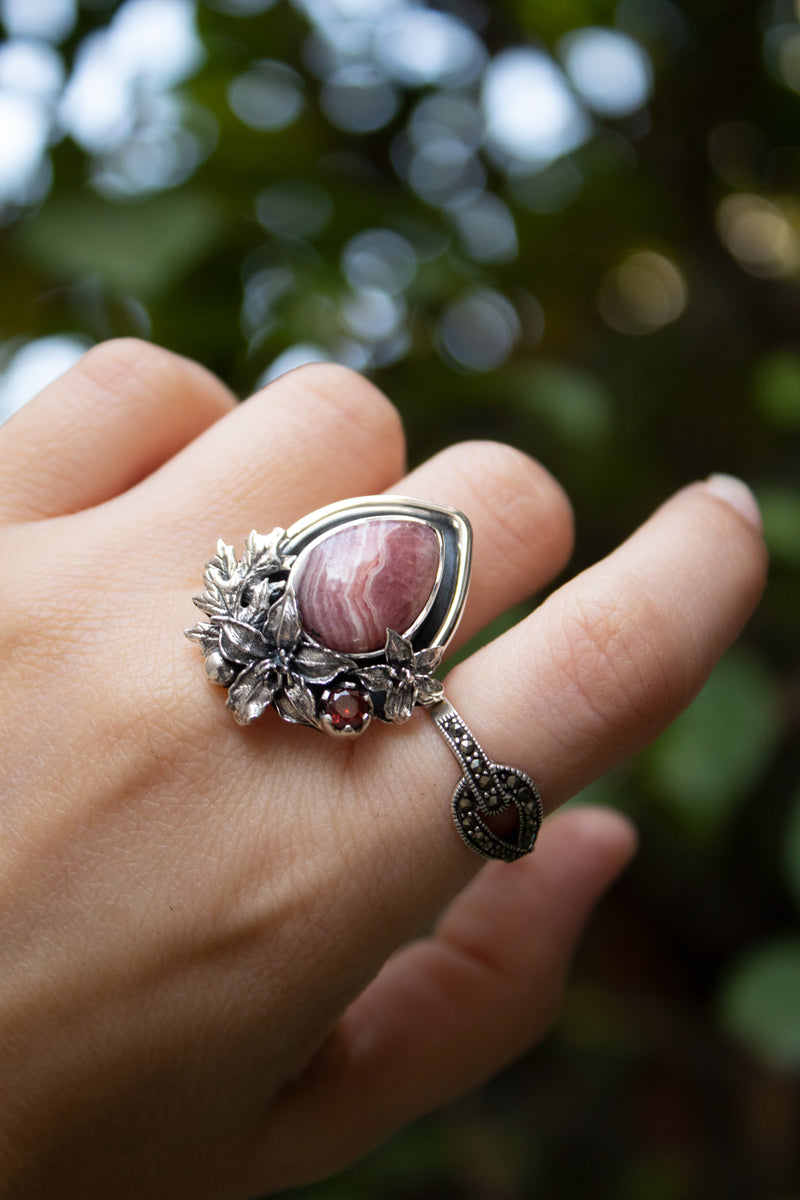 Petal & Pulse: Rhodochrosite Garnet Ring, AR-7543