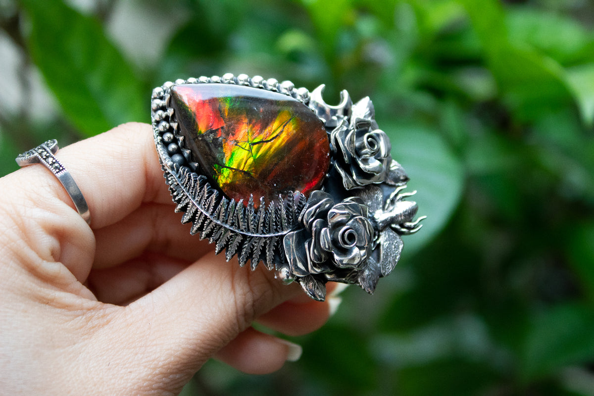 Ethereal Flora: Artisanal Ammolite Sterling Silver Ring, AR-7120