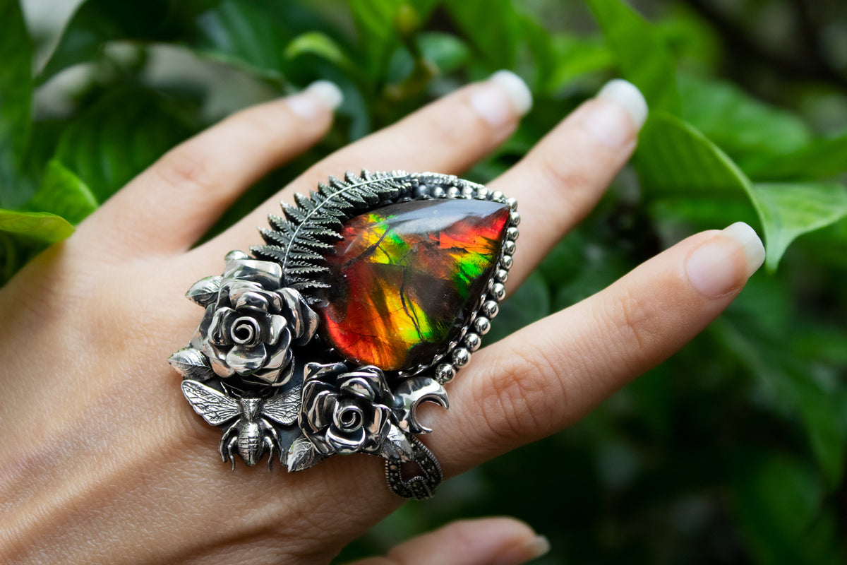 Ethereal Flora: Artisanal Ammolite Sterling Silver Ring, AR-7120