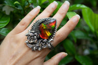 Ethereal Flora: Artisanal Ammolite Sterling Silver Ring, AR-7120