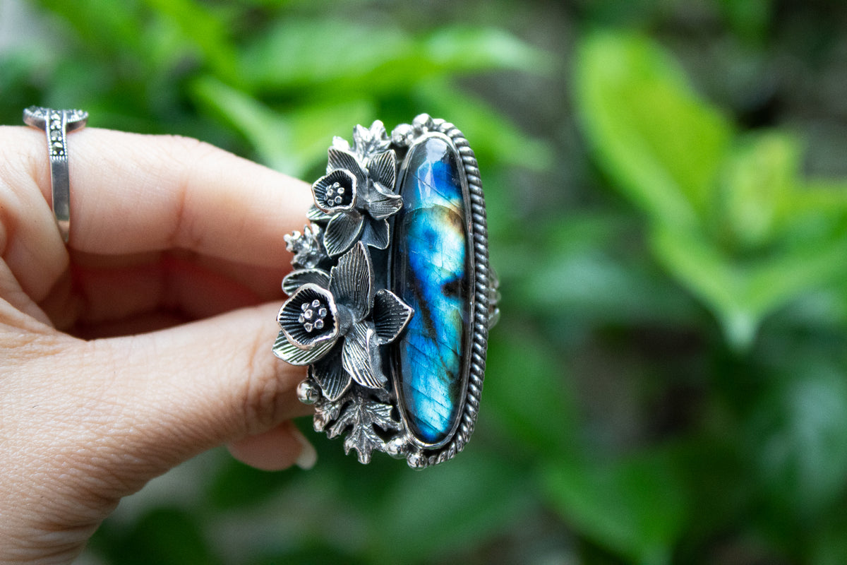 Twilight Blossom: Labradorite Flower Ring,  AR-7115