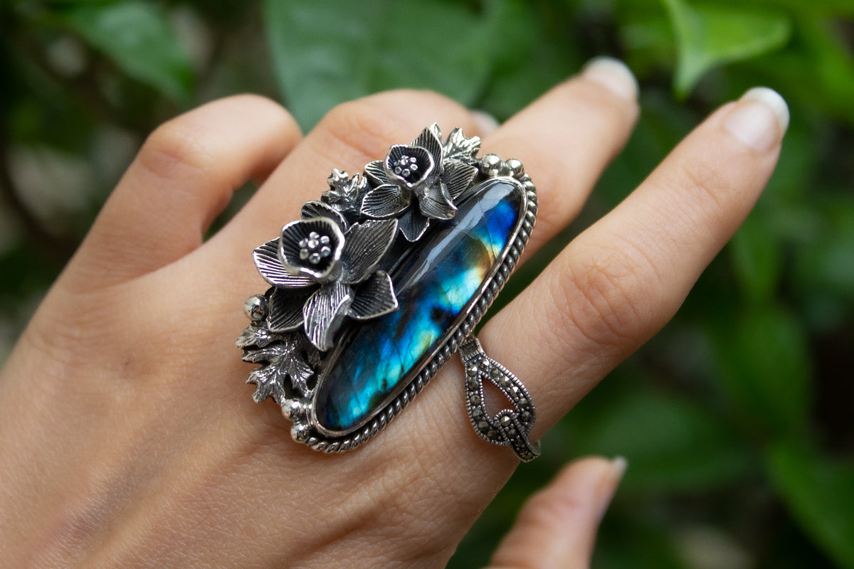 Twilight Blossom: Labradorite Flower Ring,  AR-7115