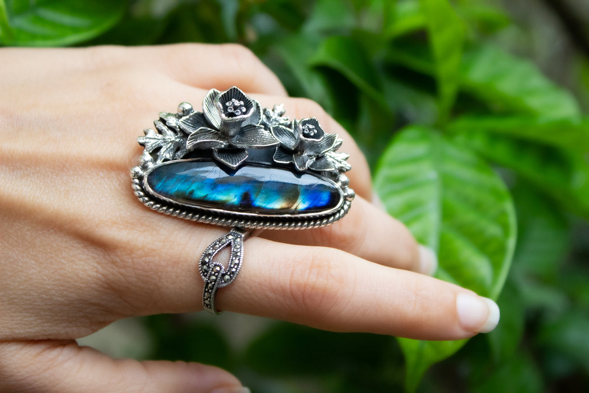 Twilight Blossom: Labradorite Flower Ring,  AR-7115