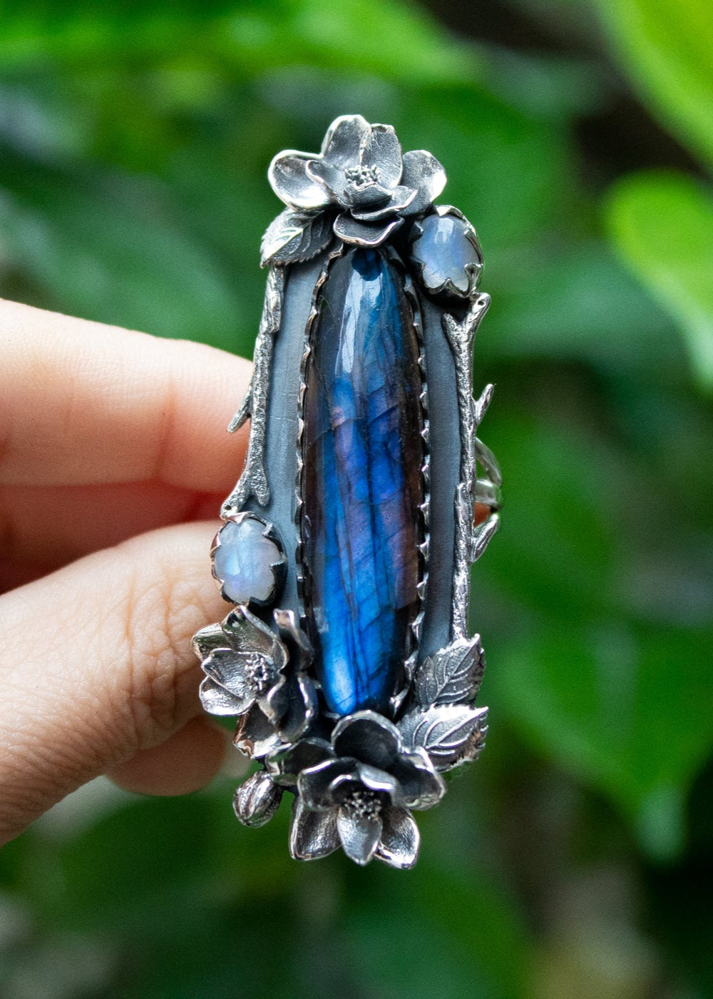 Anneau de Labradorite, anneau de pierre gemme de Labradorite de feu bleu, AR-1207