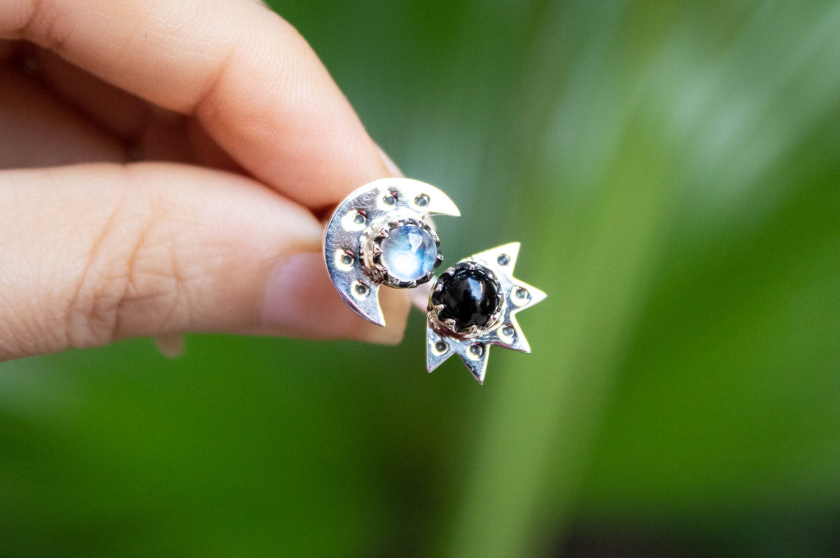 Moonstone & Black Onyx Sun & Moon Ring, Adjustable Celestial Ring, AR-6844