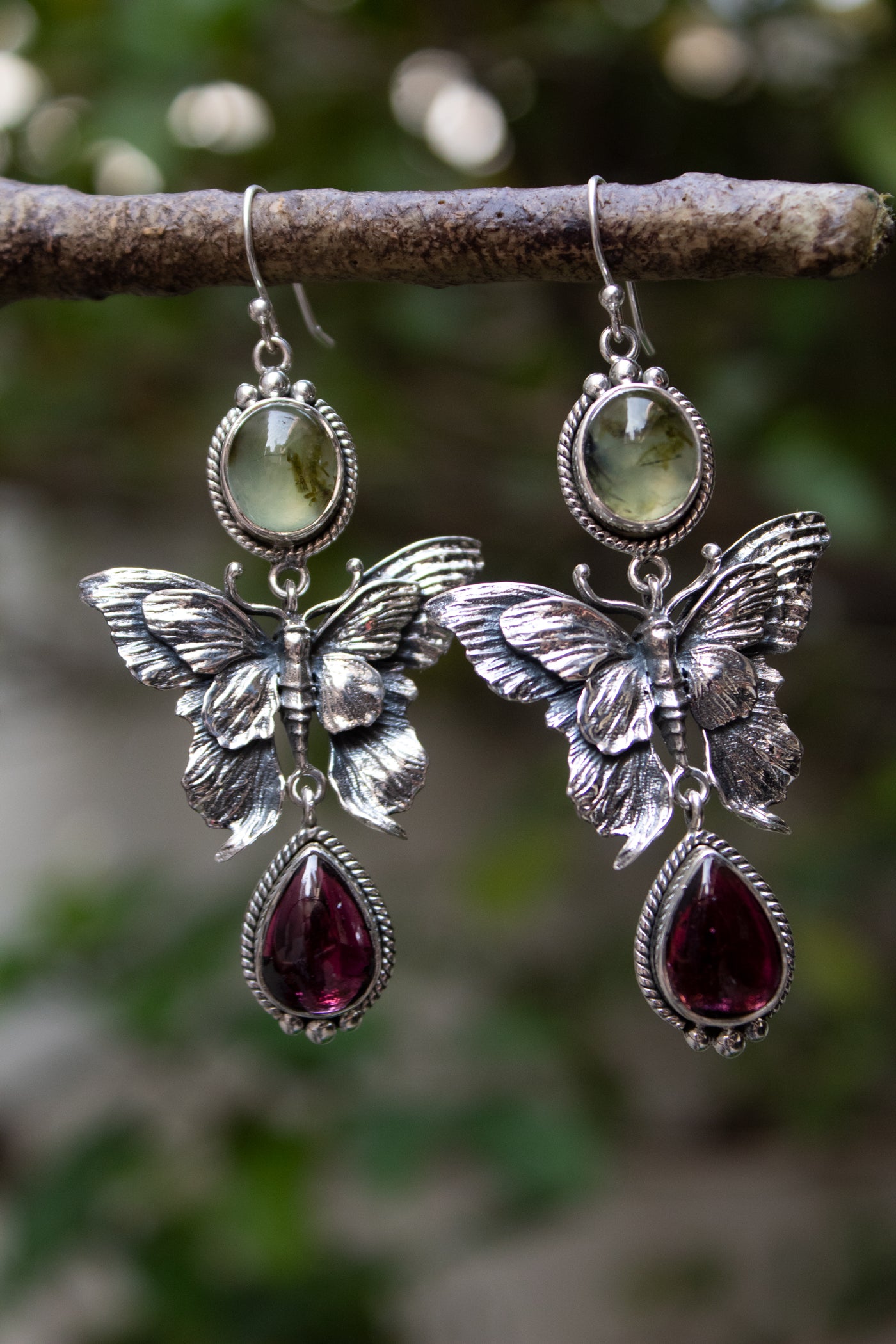 Whispers of Renewal: Prehnite & Garnet Earrings, AE- 7531