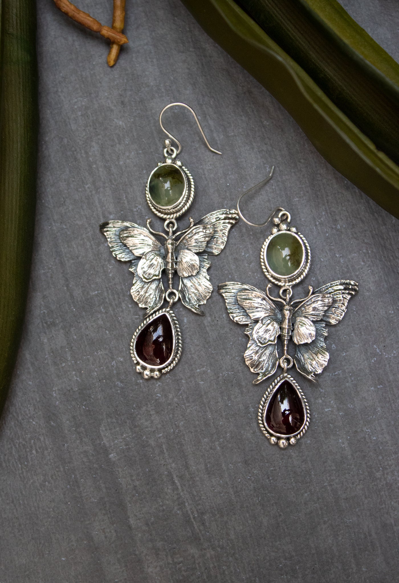 Whispers of Renewal: Prehnite & Garnet Earrings, AE- 7531