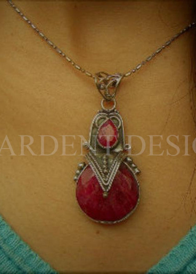 Ruby Pendant Sterling Silver, Red Stone Pendant Handmade Artisan, SKU 6148