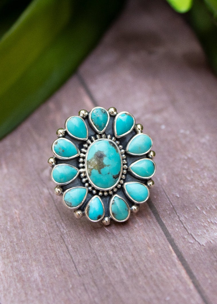 Turquoise Cluster Ring, Boho, Blue Stone Ring, SKU 6159
