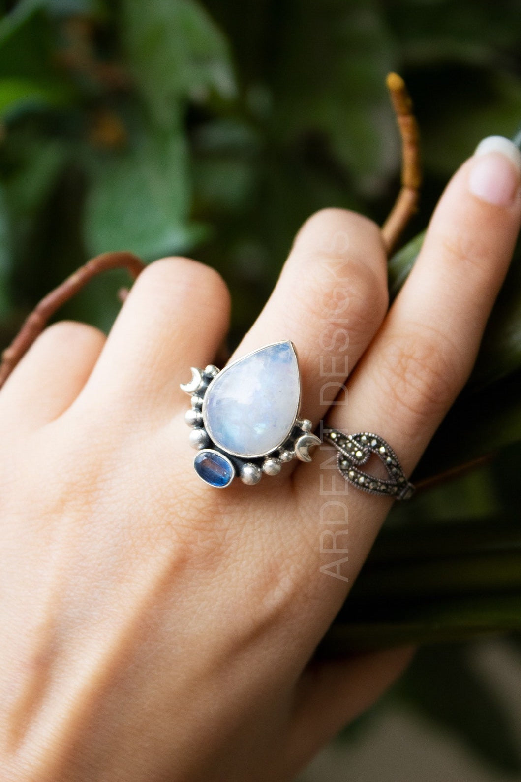 Natural Moonstone & Kyanite Gemstone Ring, Boho, SKU 6186
