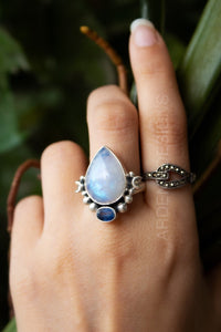 Natural Moonstone & Kyanite Gemstone Ring, Boho, SKU 6186