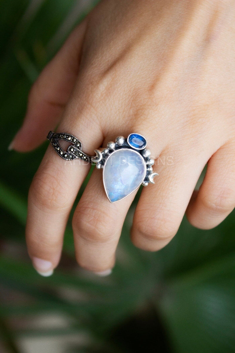 Natural Moonstone & Kyanite Gemstone Ring, Boho, SKU 6186