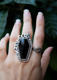 Coffin Ring, Black Onyx Ring, Black Onyx Gemstone Sterling Silver Ring, Onyx Jewelry, Witchy Ring, Black Stone Ring, Owl Ring, SKU 6296