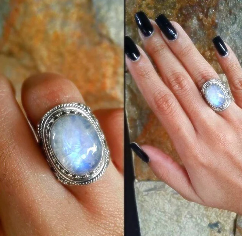 Anillo de piedra lunar, anillo de plata de ley 925 sólida, anillo de piedra lunar de plata, anillo de piedra lunar ovalada, anillo de cóctel AR-1119