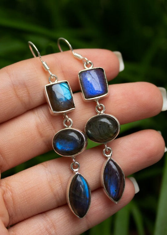 Three Stone Blue Flash Labradorite Earrings, AE-2123