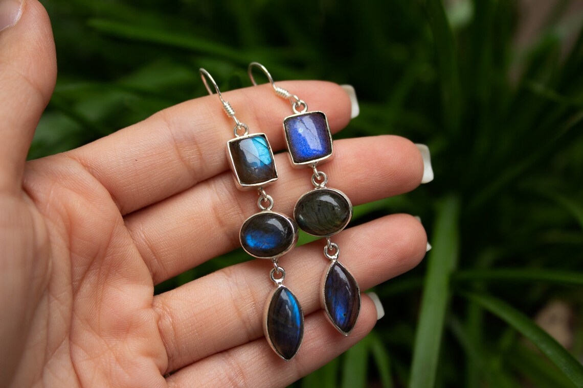 Three Stone Blue Flash Labradorite Earrings, AE-2123