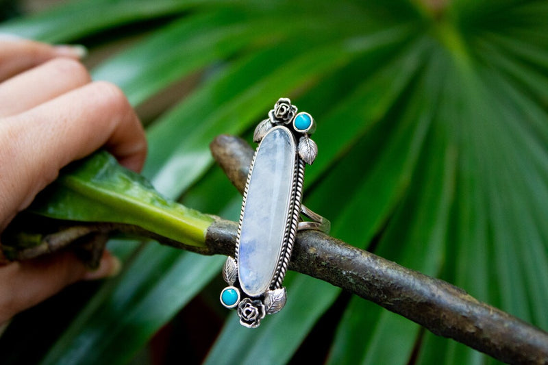 Rainbow Moonstone June Birthstone Long Ring, AR-3065