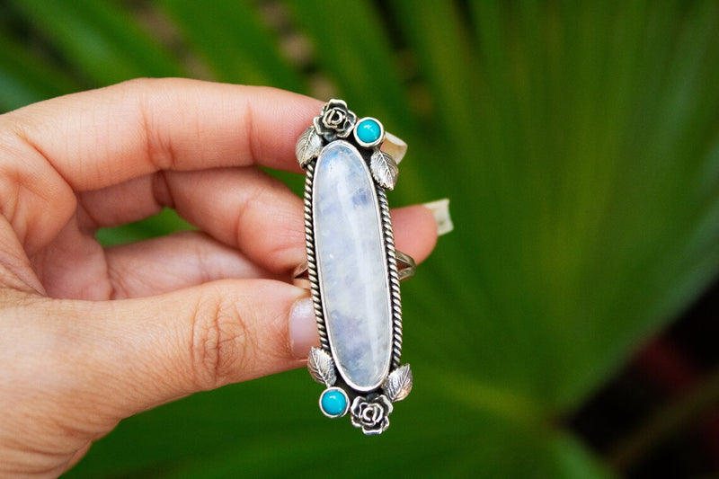 Rainbow Moonstone June Birthstone Long Ring, AR-3065