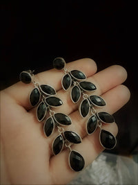 Black Onyx Leafy Sterling Silver Earrings, AE-2136
