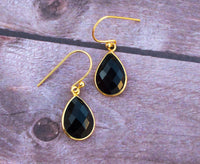 Black Onyx Gold Plated Teardrop Dangle Earrings, AE-2140
