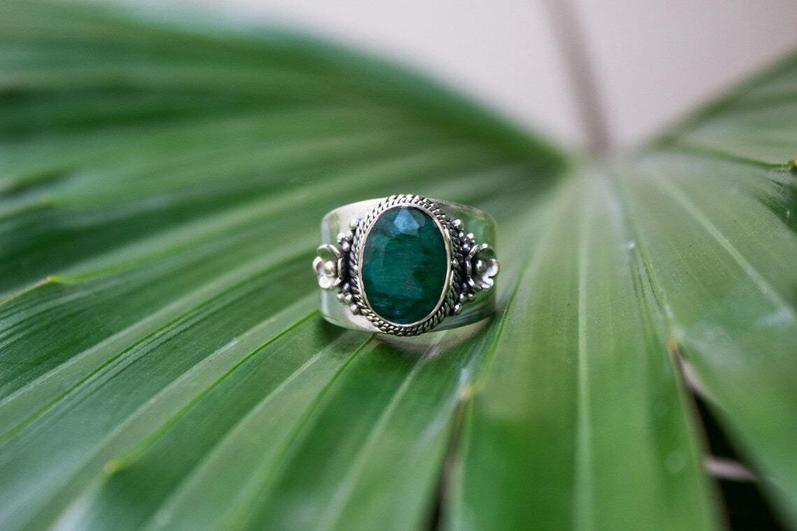 Faceted Floral Green Emerald May Birthstone Ring, AR-3040