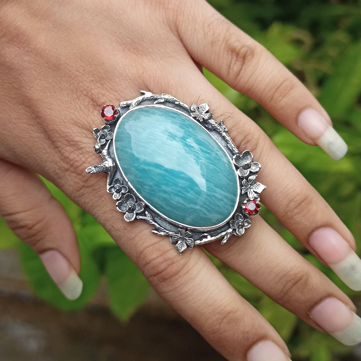 Amazonite With Garnet Ring, Sterling Silver Handmade Ring, AR-6627